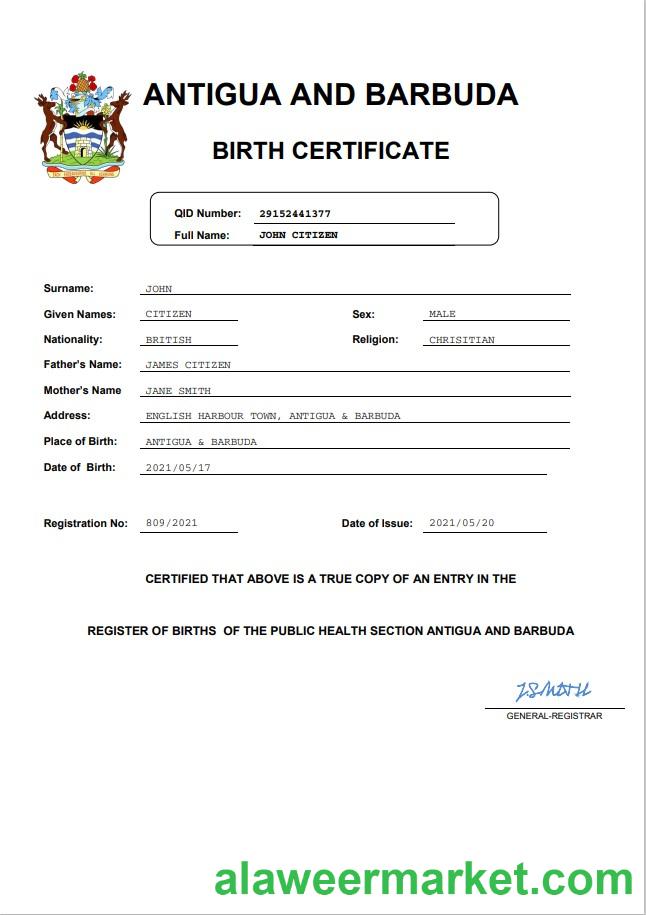 Antigua and Barbuda birth certificate Word and PDF template